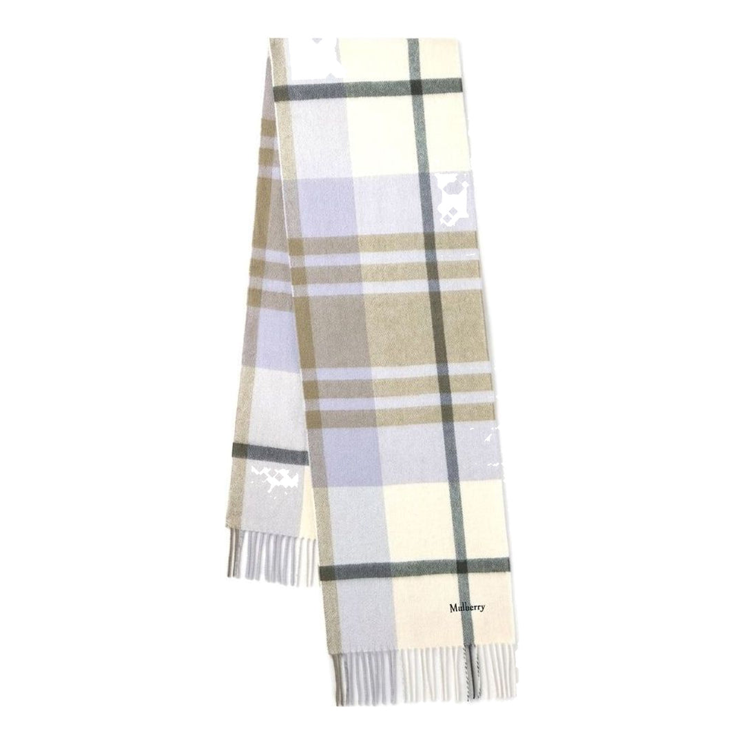 Mulberry Small Check Merino Wool Scarf in navy, red, black, and white plaid with knotted fringe trim and embroidered Mulberry branding - packshot