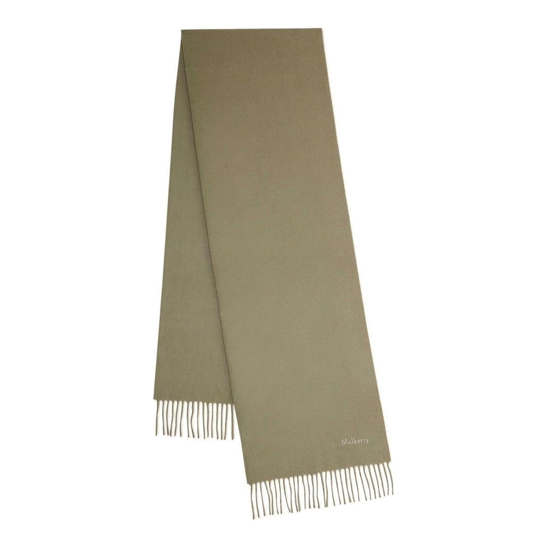 Mulberry Small Solid Merino Wool Scarf in tan with fringed ends and tonal embroidered branding, laid flat on a white background - packshot