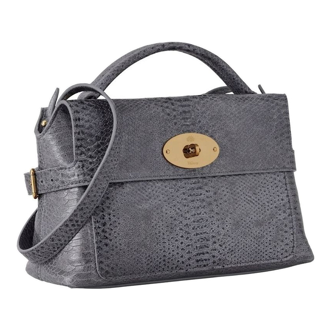 Mulberry Small Stevie top handle bag in grey snake-effect leather with gold-tone twist lock, rolled top handle and detachable crossbody strap - packshot
