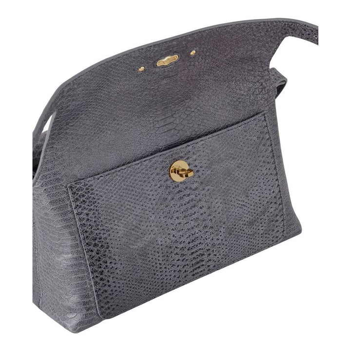 Mulberry Small Stevie top handle bag in grey snake-effect leather with gold-tone twist lock, rolled top handle and detachable crossbody strap - packshot