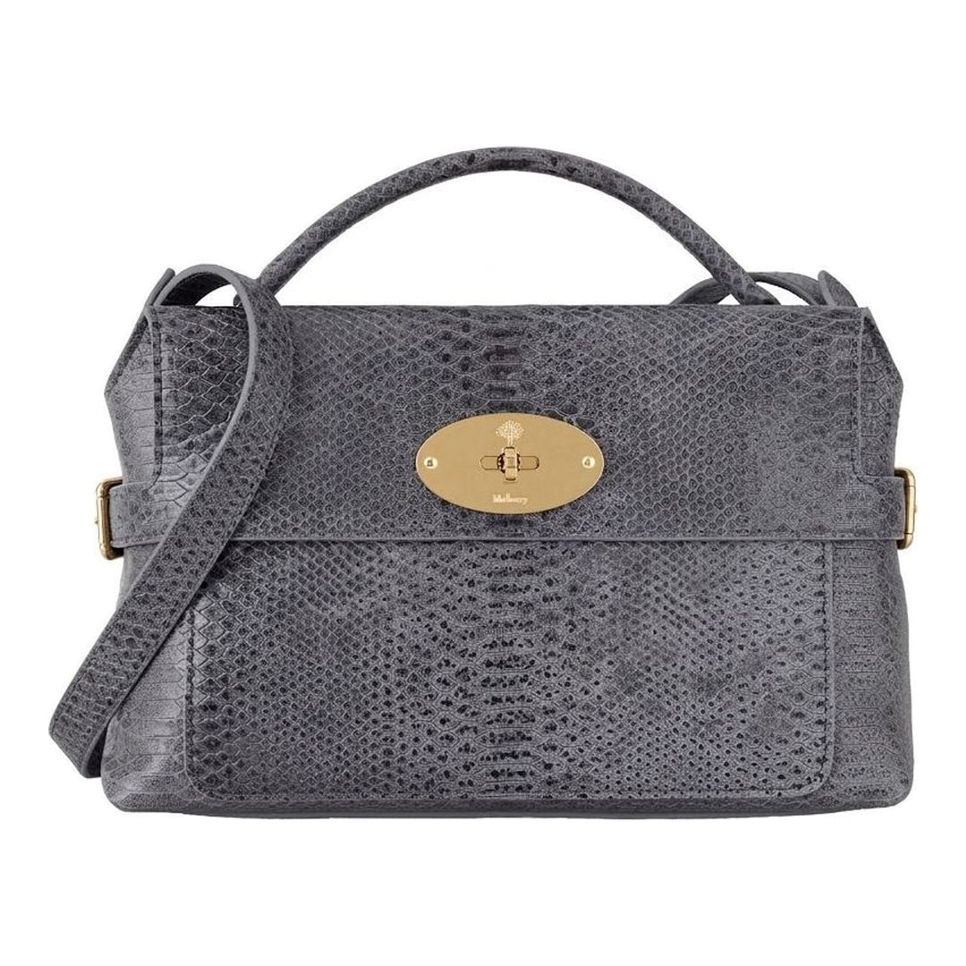 Mulberry Small Stevie top handle bag in grey snake-effect leather with gold-tone twist lock, rolled top handle and detachable crossbody strap - packshot