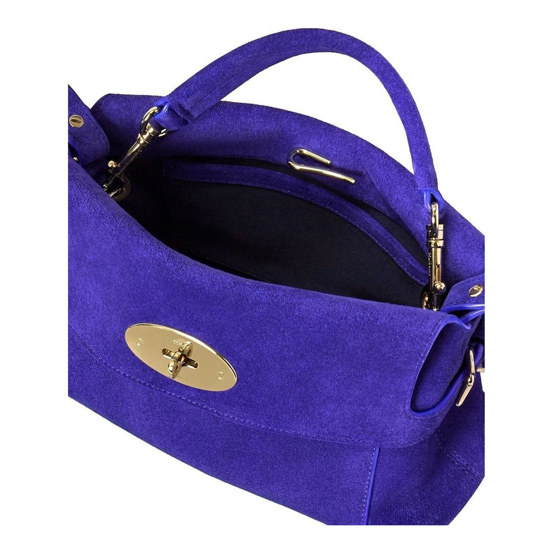 Mulberry Small Stevie top handle bag in violet-blue suede with brass postman's lock, rolled top handle and detachable crossbody strap - packshot