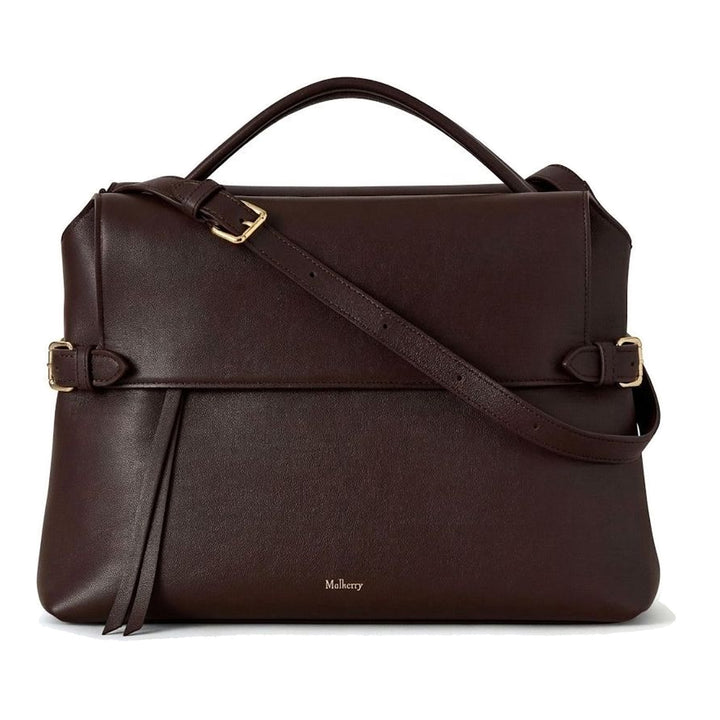Mulberry Stevie top handle bag in dark brown smooth leather with gold-tone oval postman's lock and detachable crossbody strap - packshot