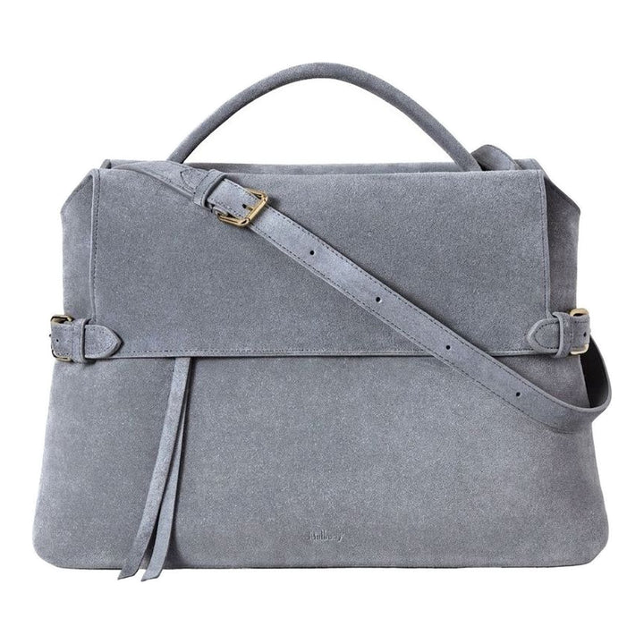 Mulberry Stevie top handle bag in grey suede with gold-tone oval postman's lock, side buckle straps and detachable crossbody strap - packshot