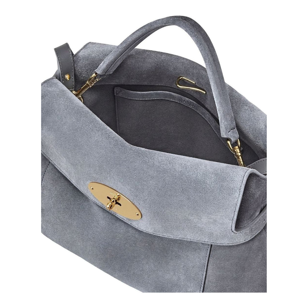 Mulberry Stevie top handle bag in grey suede with gold-tone oval postman's lock, side buckle straps and detachable crossbody strap - packshot