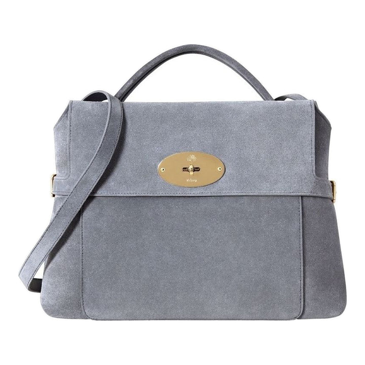 Mulberry Stevie top handle bag in grey suede with gold-tone oval postman's lock, side buckle straps and detachable crossbody strap - packshot
