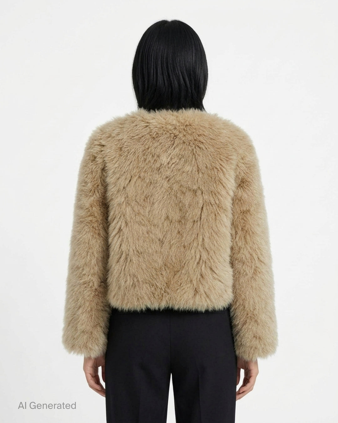MuséeRA cropped faux fur jacket in camel with a collarless round neckline and plush textured pile - back