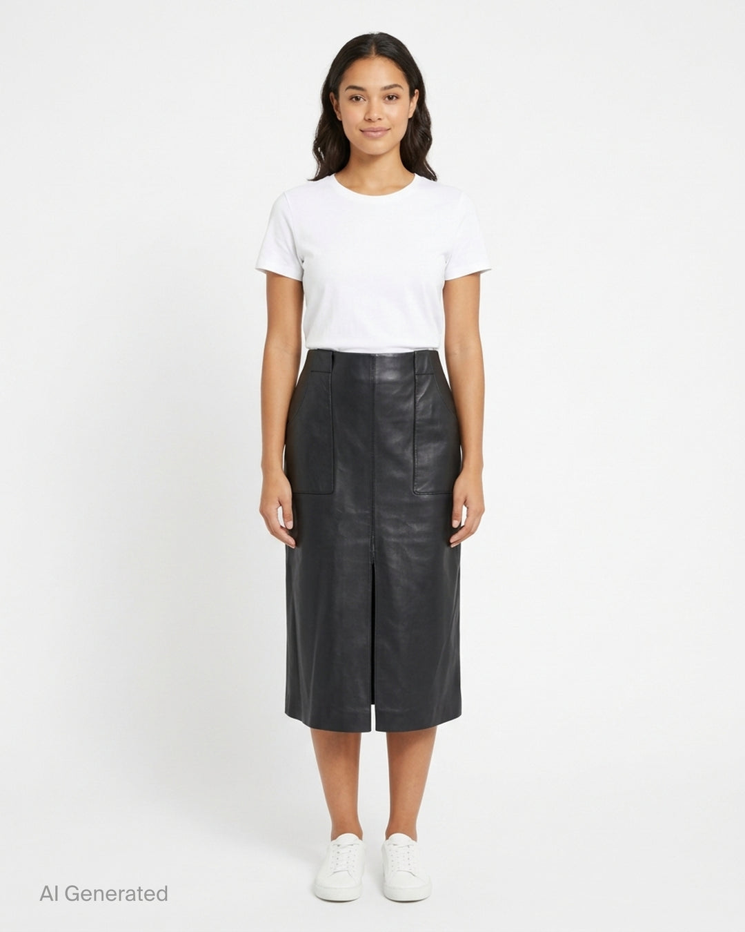 Musée RA black leather pencil skirt with patch pockets and centre front seam, shown from the front - front