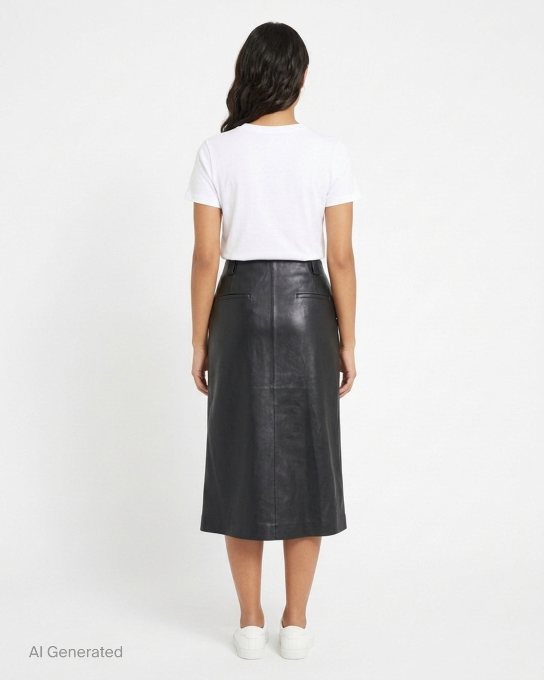 Musée RA black leather pencil skirt with patch pockets and centre front seam, shown from the front - back