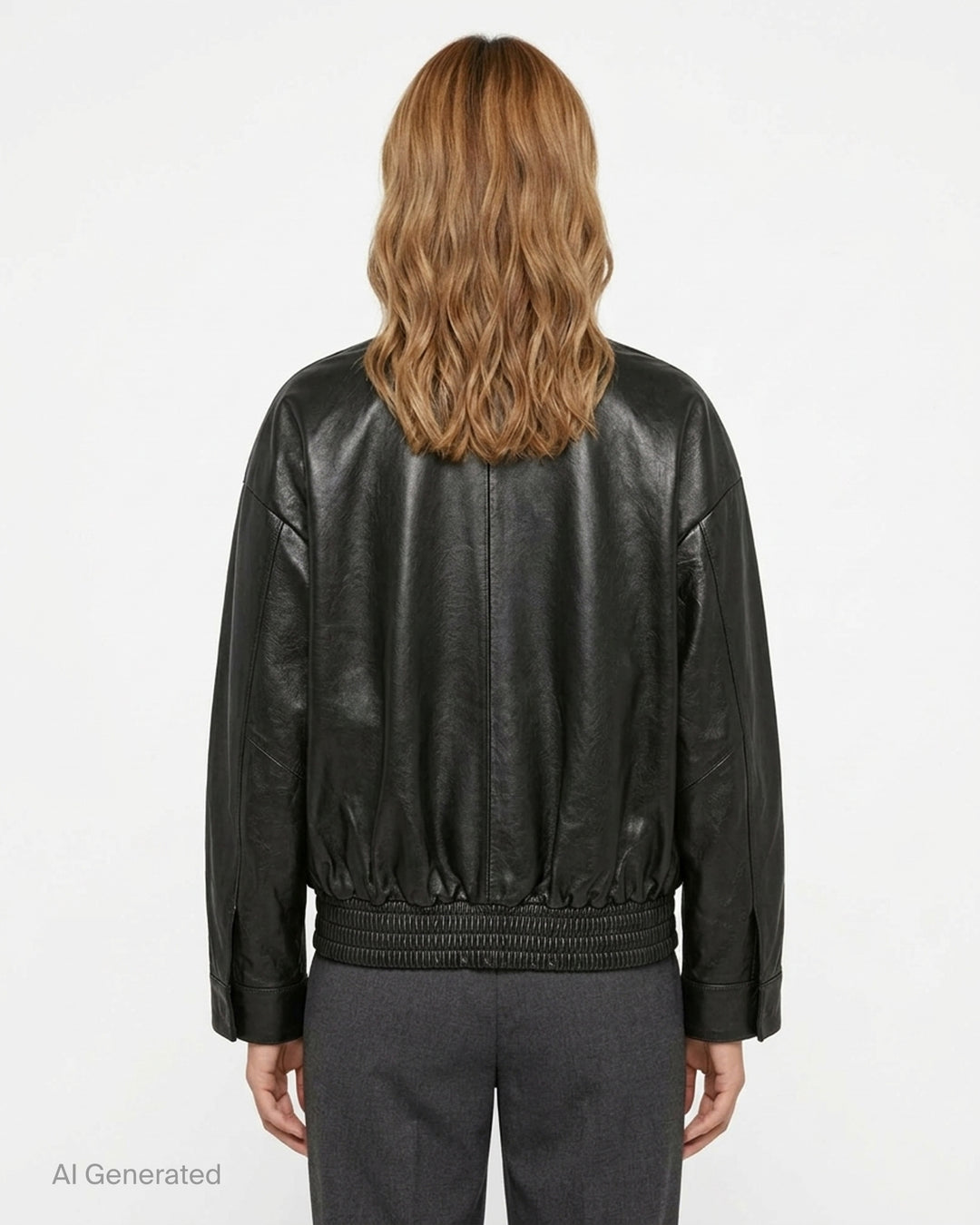 Musée RA oversized black leather bomber jacket with funnel collar, flap pockets and smocked elasticated hem, front view - back