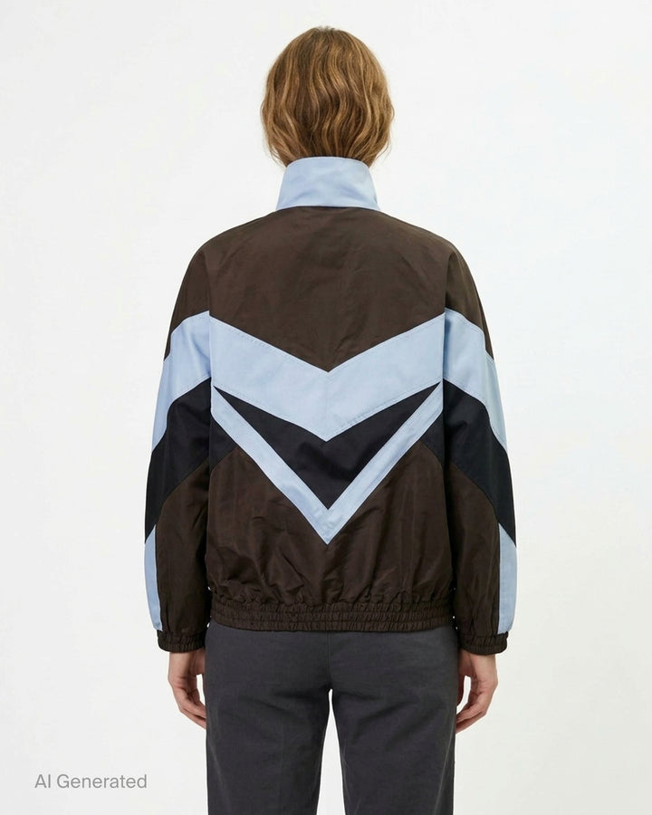 N°21 oversized sports blouson in dark brown and powder blue with bold navy chevron colourblock panels, funnel neck, and full-length zip closure - back