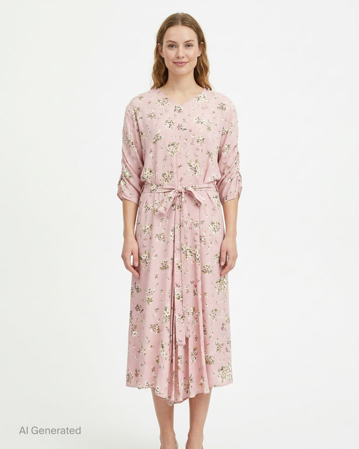N°21 blush pink floral print midi dress with 3/4 gathered sleeves, self-tie waist belt, and flowing A-line skirt - front