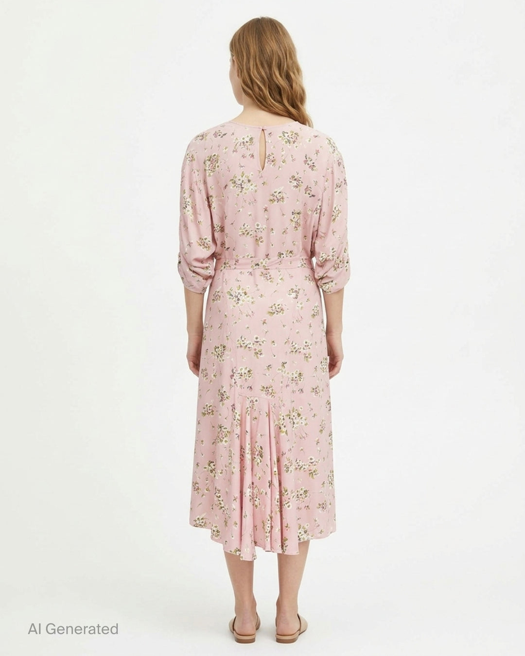 N°21 blush pink floral print midi dress with 3/4 gathered sleeves, self-tie waist belt, and flowing A-line skirt - back