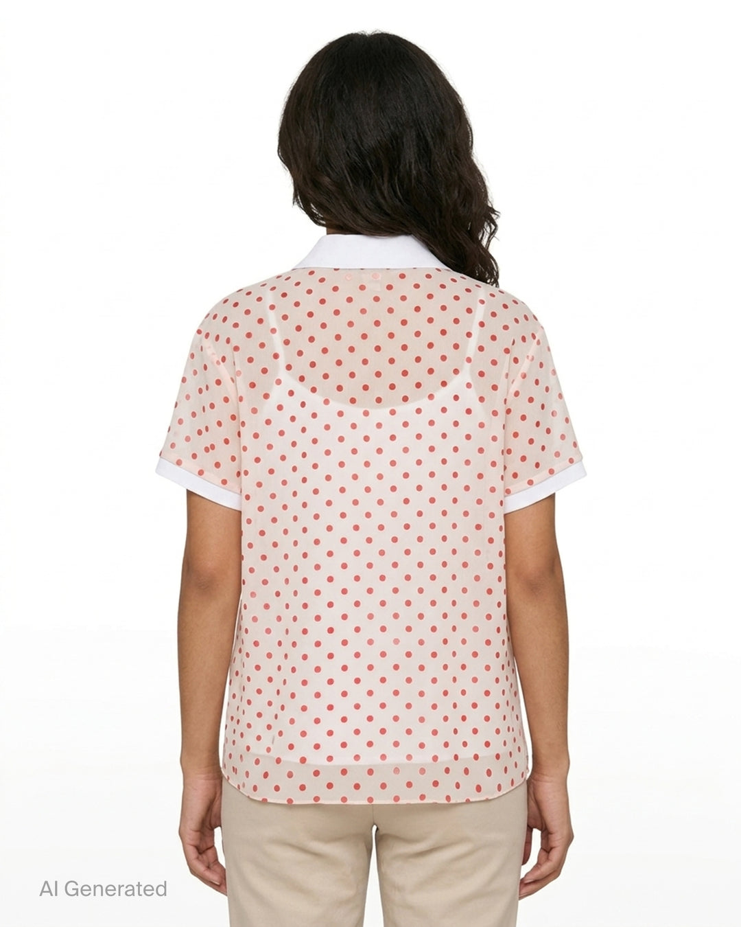 N°21 sheer polka dot polo shirt with white collar and cuffs, shown from the front - back