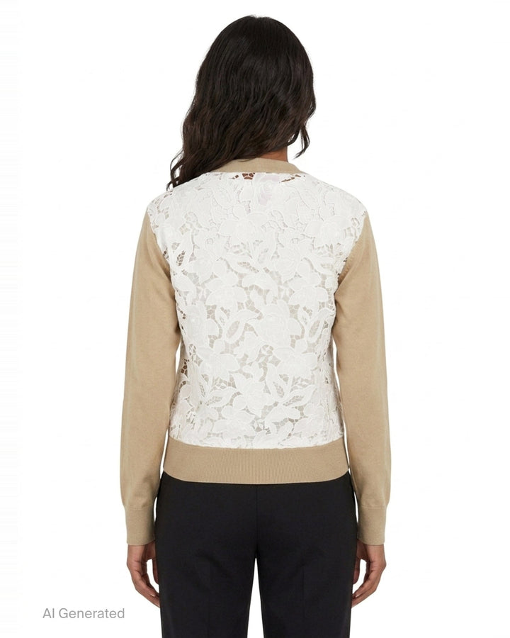 N°21 fine knit camel V-neck cardigan with pearlescent button placket, tonal logo embroidery on the chest, ribbed cuffs and hem, and two hip patch pockets, shown flat against a white background