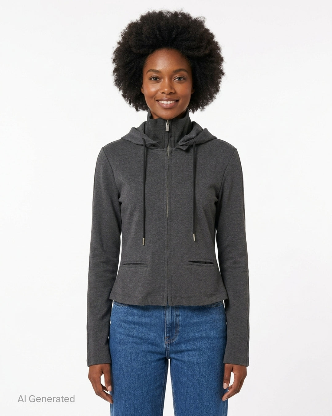 Heather charcoal grey zip-up hoodie with detachable hood, ribbed funnel collar, black drawcords and slit waist pockets - front