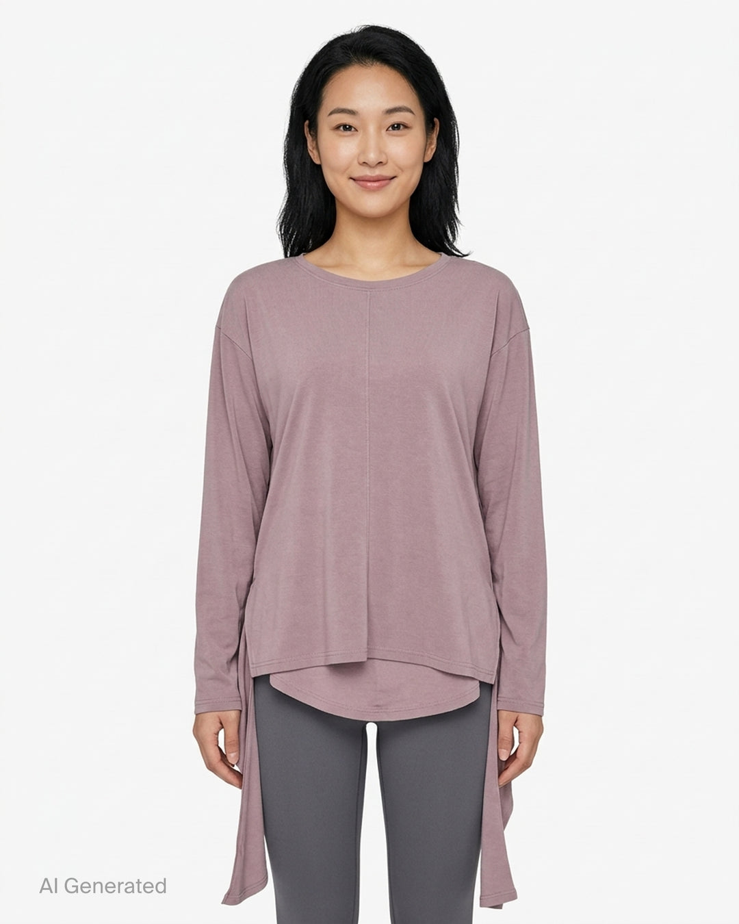 Nache Double Arm Long Sleeve Top in dusty mauve jersey with crew neckline, centre front seam and draped trailing side panels - front