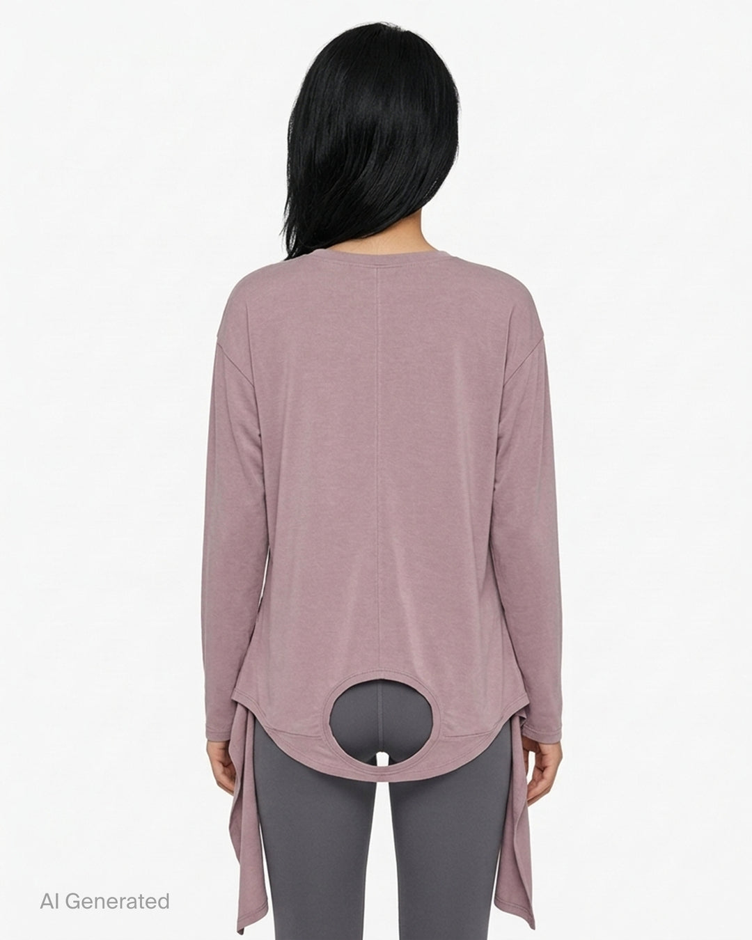 Nache Double Arm Long Sleeve Top in dusty mauve jersey with crew neckline, centre front seam and draped trailing side panels - back