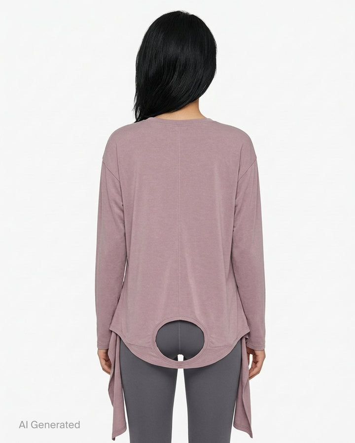 Nache Double Arm Long Sleeve Top in dusty mauve jersey with crew neckline, centre front seam and draped trailing side panels - back