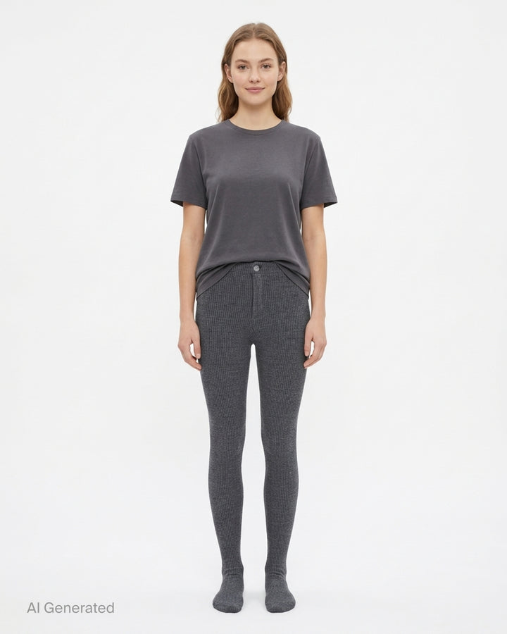 Nache charcoal ribbed knit sock pants with high waist, single button closure and integrated footed hem, shown front view - front