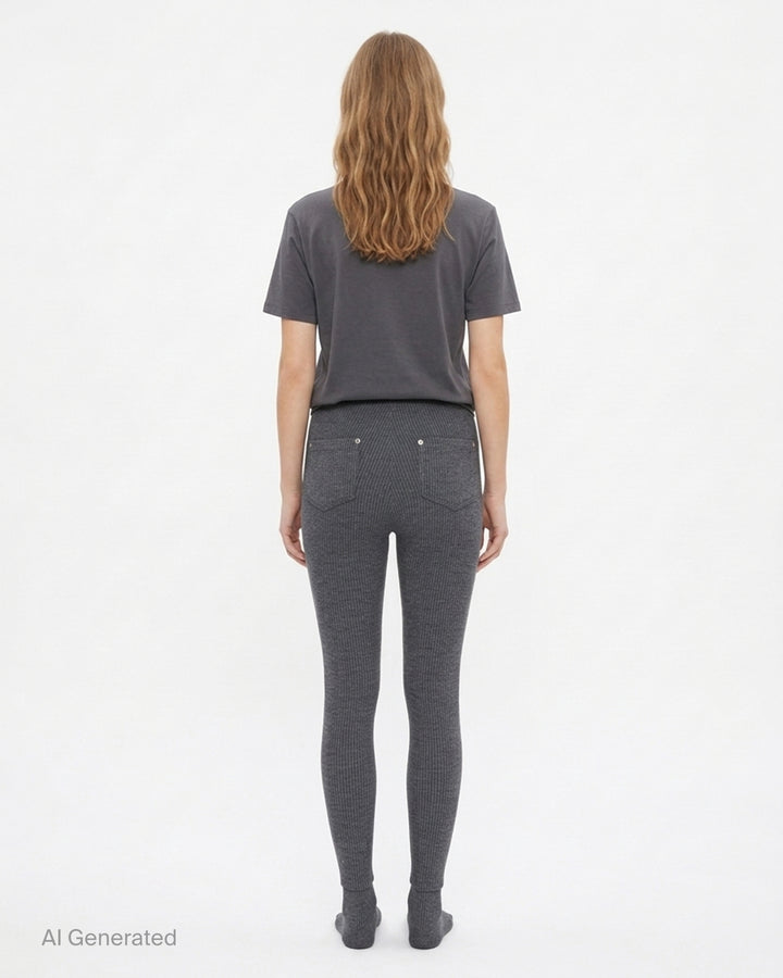 Nache charcoal ribbed knit sock pants with high waist, single button closure and integrated footed hem, shown front view - back
