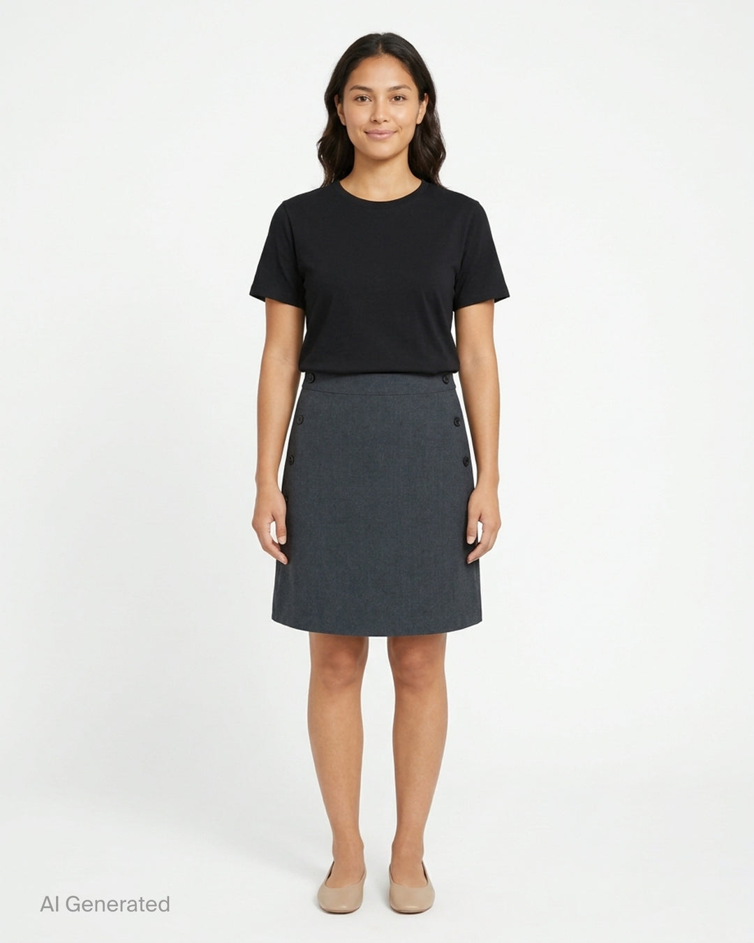 Nache charcoal grey A-line midi skirt with rows of dark buttons along both sides and buttoned waistband tabs - front