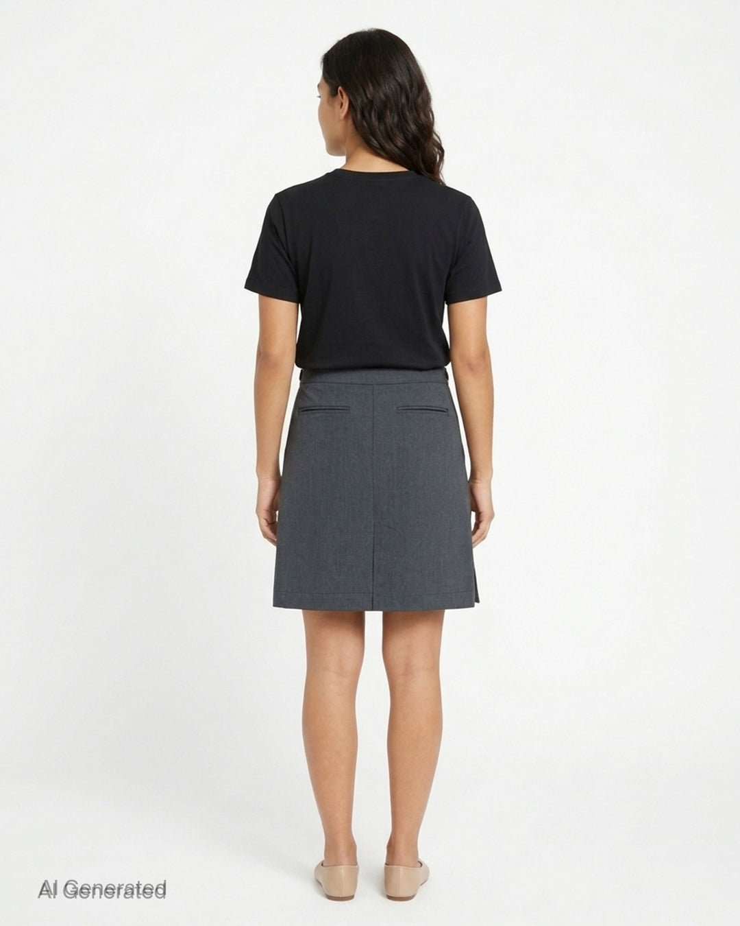Nache charcoal grey A-line midi skirt with rows of dark buttons along both sides and buttoned waistband tabs - back