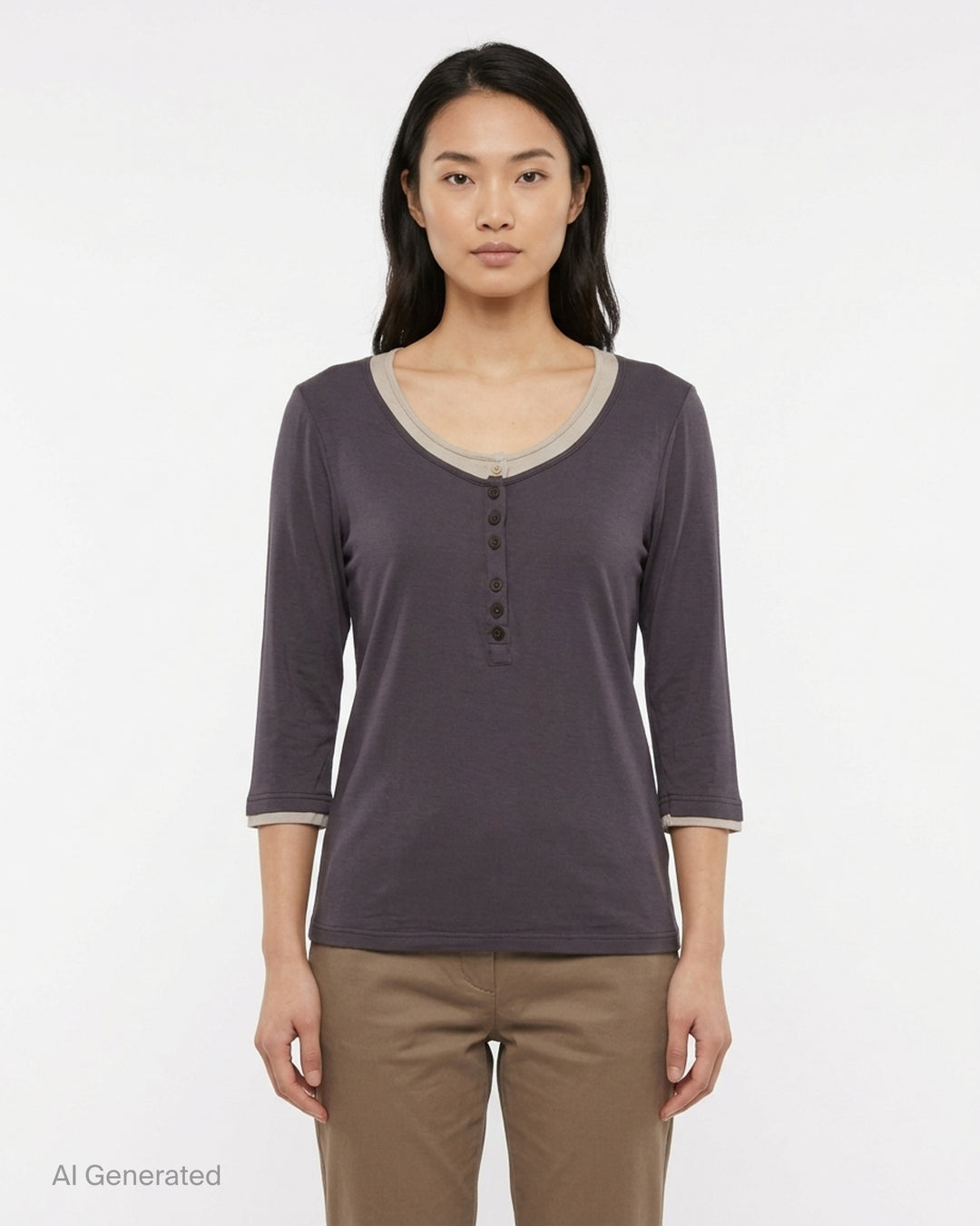 Nache charcoal layered henley neck long sleeve knit top with taupe contrast trim and button placket - front