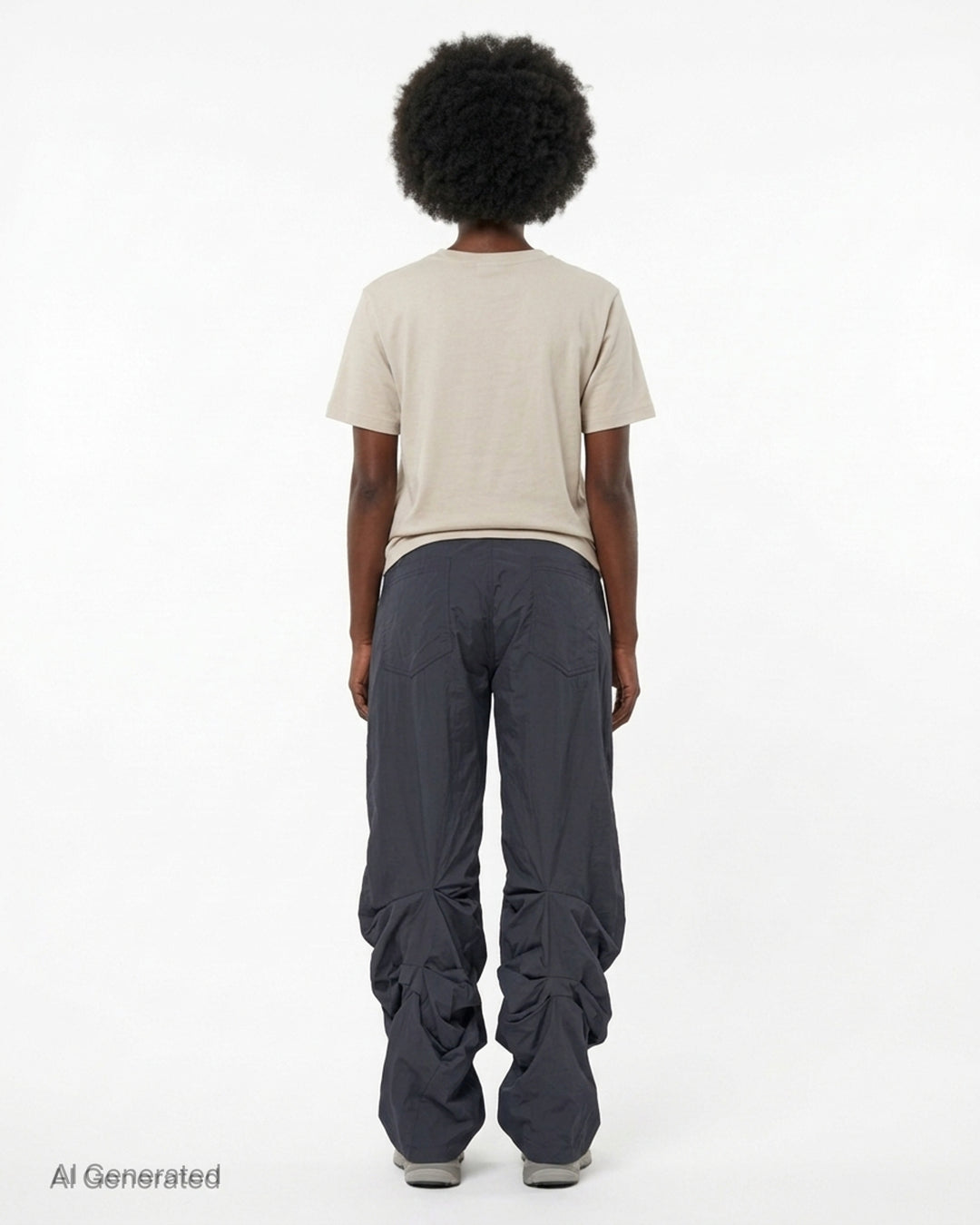 Nache Pintuck Nylon Pants in navy with drawstring waist and wide leg with gathered, draped hems - back