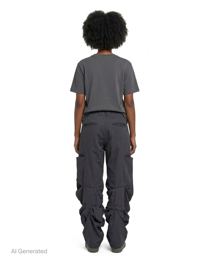 Nache Pintuck Wide Pants in charcoal grey twill with oversized hip pockets and a gathered, draped wide leg, front view - back