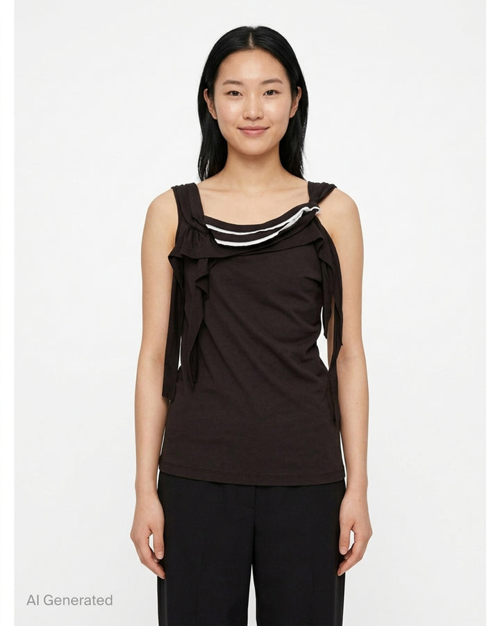 Black sleeveless jersey top with raw-cut ruffles, knotted straps and white piped draped neckline - front