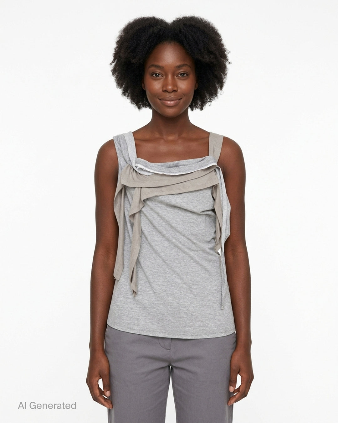 Nache Rawcut Halter Sleeveless Top in heather grey jersey with draped taupe ribbon layers and raw-edge detailing at the neckline - front