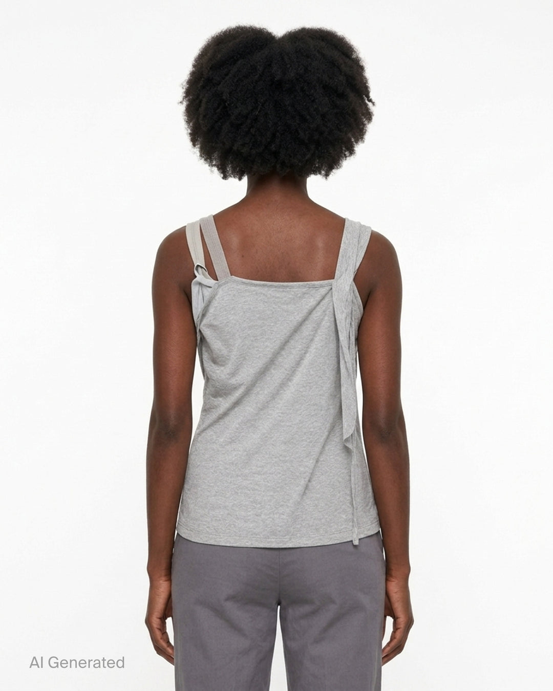 Nache Rawcut Halter Sleeveless Top in heather grey jersey with draped taupe ribbon layers and raw-edge detailing at the neckline - back