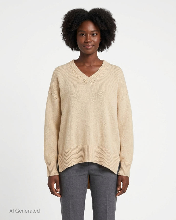 Niccolò Pasqualetti Lentezza oversized V-neck knit sweater in sand beige with ribbed trim, dropped shoulders and a high-low hem - front