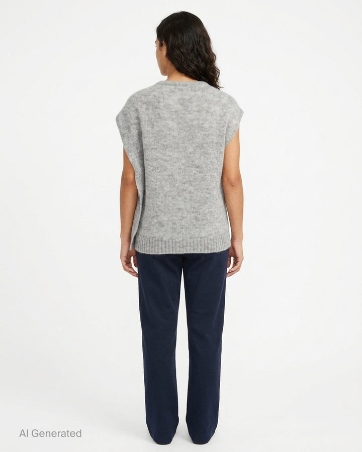 Grey kid mohair sleeveless knit vest with a draped shoulder detail and ribbed hem by Niccolò Pasqualetti - back