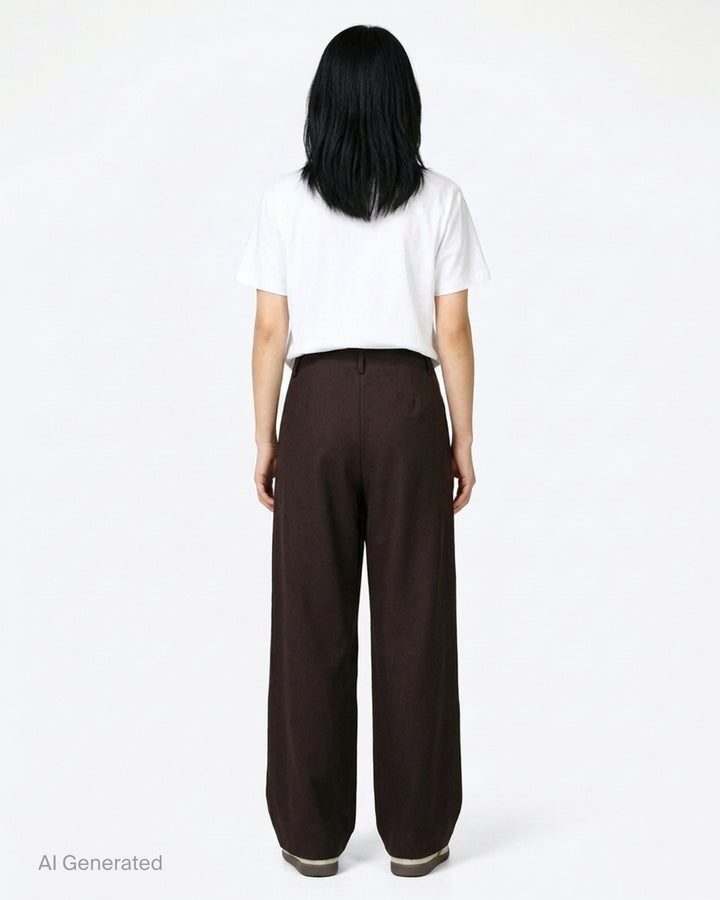 Dark brown wool crepe wide-leg Piega trousers by Niccolò Pasqualetti with an asymmetric folded waistband and metal snap fastenings - back