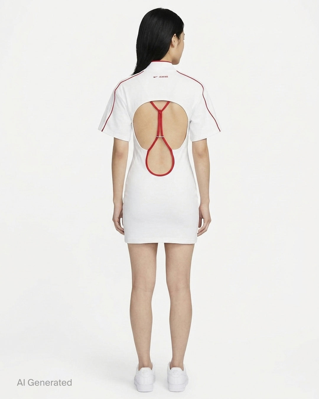 Nike x Jacquemus white mini dress with red piped collar and sleeves, half-zip front, chest patch pocket and fitted hourglass silhouette - back