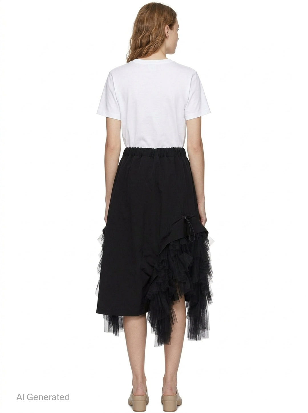 Noir Kei Ninomiya black asymmetrical midi skirt with tiered tulle ruffles and elasticated waistband, shown flat on white background - back