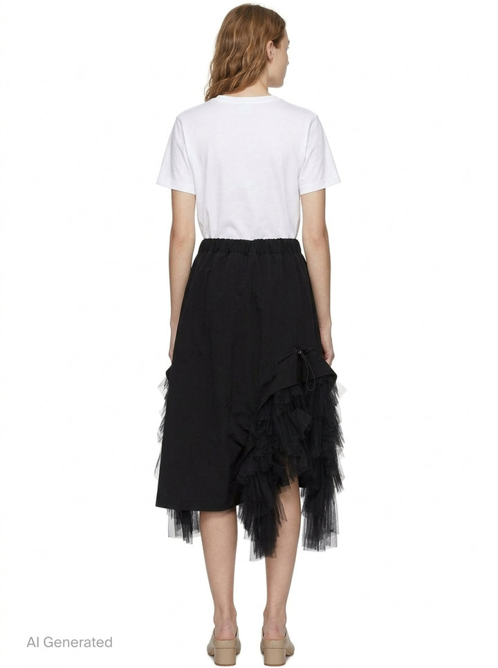 Noir Kei Ninomiya black asymmetrical midi skirt with tiered tulle ruffles and elasticated waistband, shown flat on white background - back