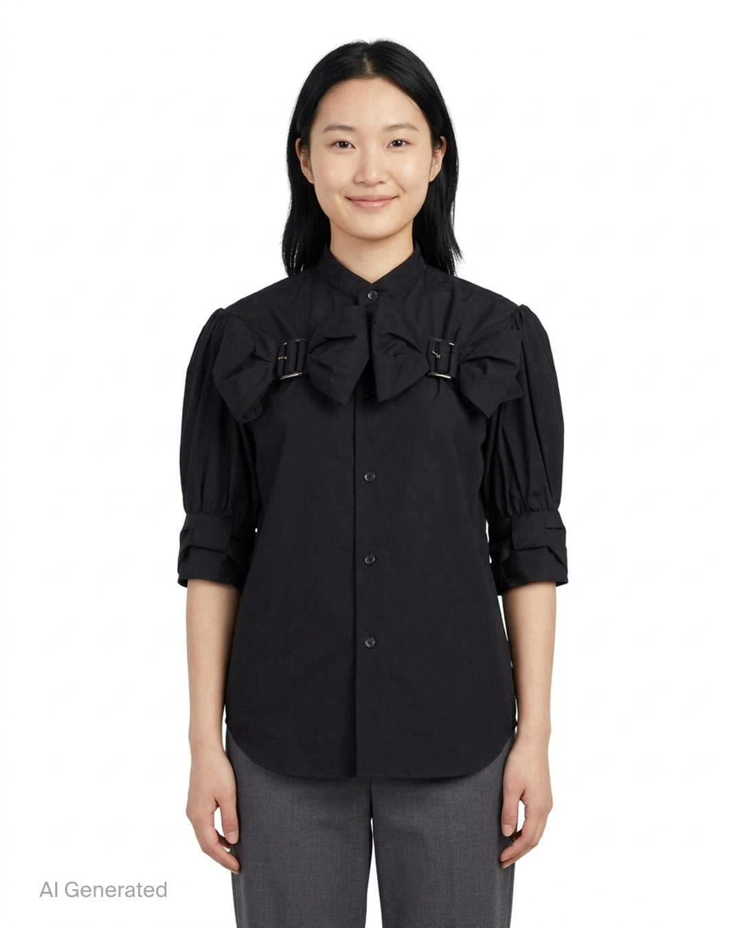 Noir Kei Ninomiya black button-up shirt with band collar, oversized bow with buckle straps across the chest and puffed elbow-length sleeves - front