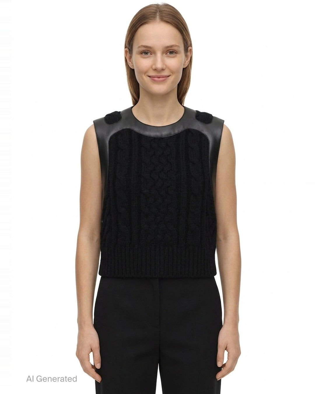 Noir Kei Ninomiya black cable-knit sleeveless vest with structured leather yoke, cutout detailing, and silver press-stud fastening at the rear neckline - front