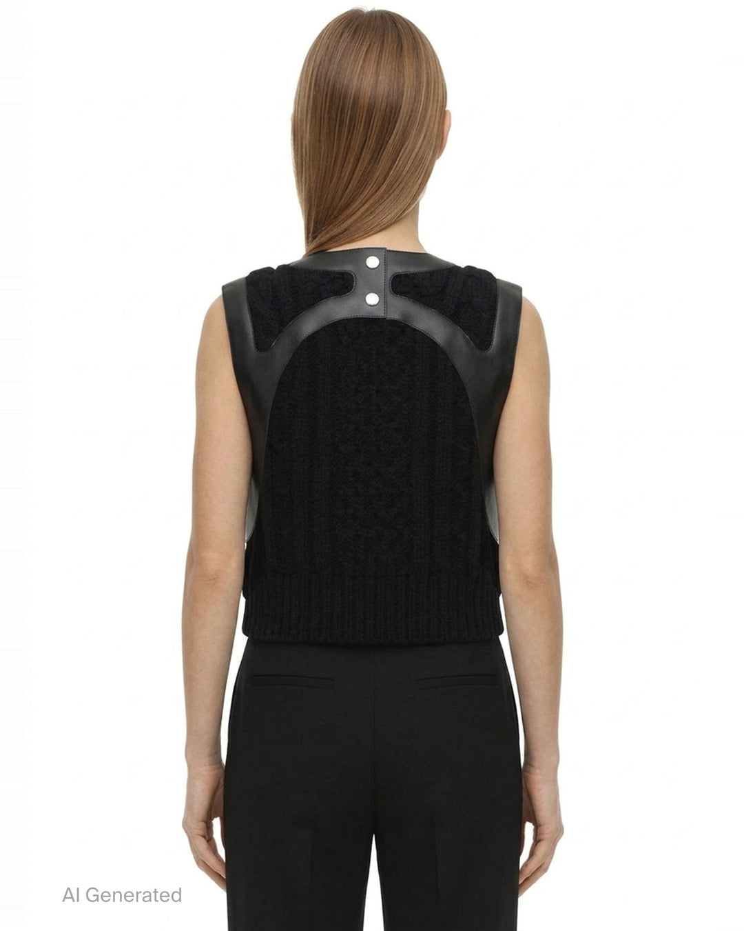 Noir Kei Ninomiya black cable-knit sleeveless vest with structured leather yoke, cutout detailing, and silver press-stud fastening at the rear neckline - back