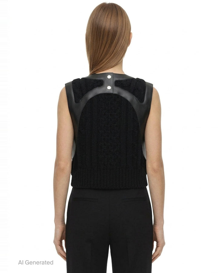 Noir Kei Ninomiya black cable-knit sleeveless vest with structured leather yoke, cutout detailing, and silver press-stud fastening at the rear neckline - back
