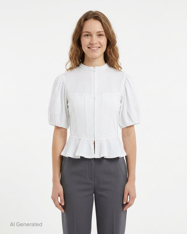 Noir Kei Ninomiya white cotton ponte top with corset-style seaming, puff sleeves, peplum hem and front zip closure - front
