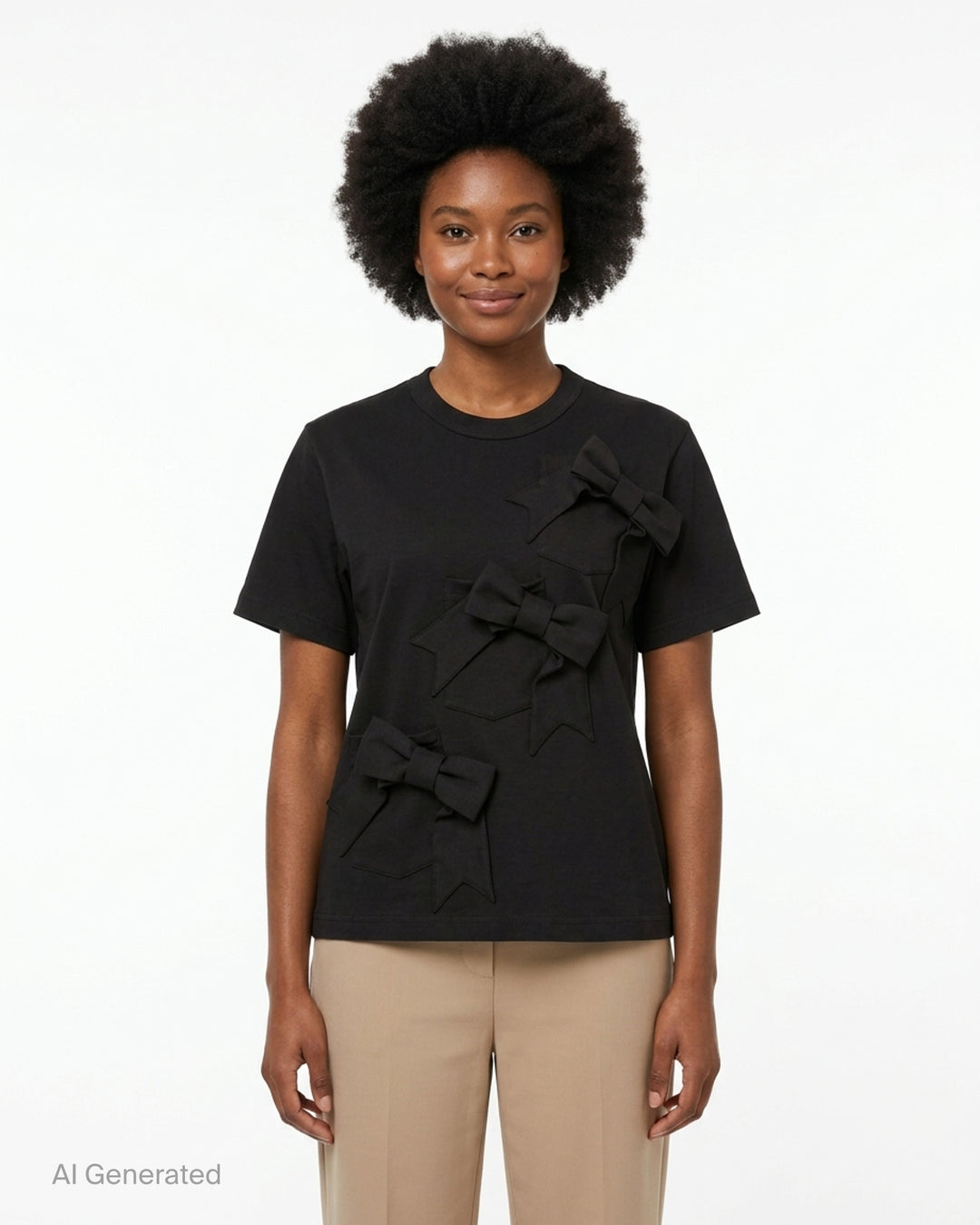 Noir Kei Ninomiya black cotton ponte tee with three dimensional bow appliqués and star-cut panels cascading diagonally down the front - front