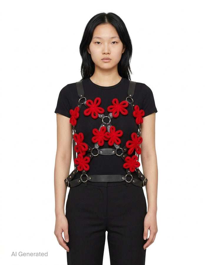 Black faux leather harness vest with red knitted floral appliqués, silver ring connectors and adjustable buckles by Noir Kei Ninomiya - front