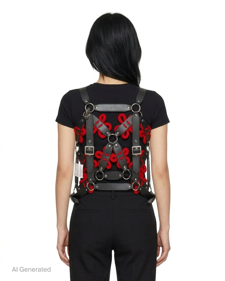 Black faux leather harness vest with red knitted floral appliqués, silver ring connectors and adjustable buckles by Noir Kei Ninomiya - back