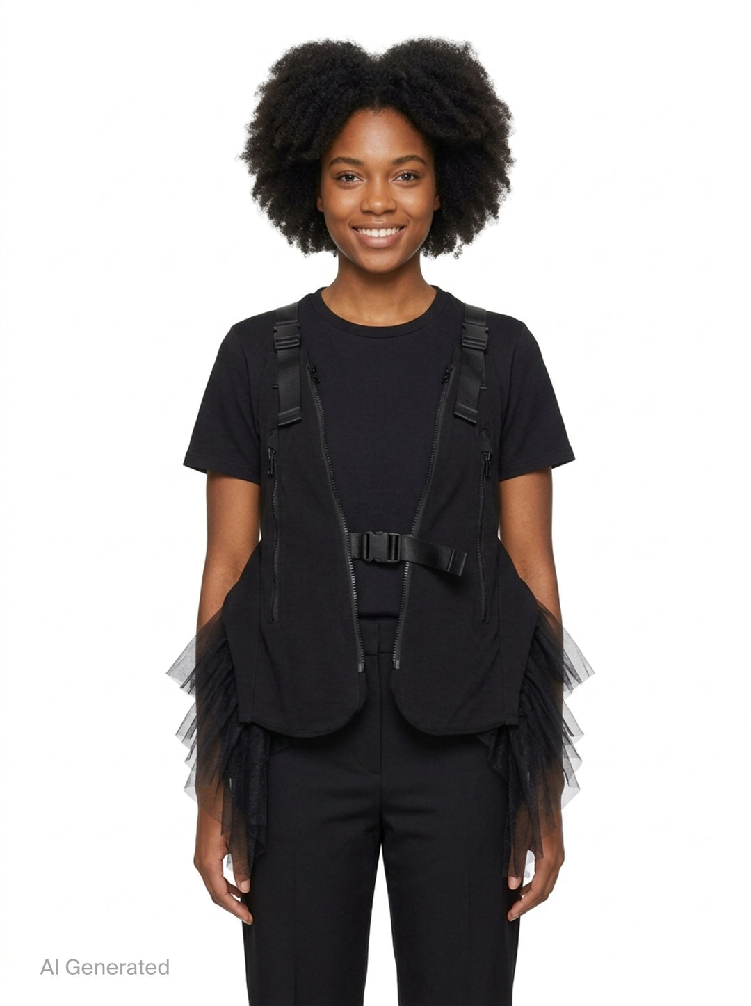 Noir Kei Ninomiya black harness vest with diagonal zip pockets, clip-buckle webbing straps, and cascading sheer tulle panels at the sides, photographed flat on a white background - front