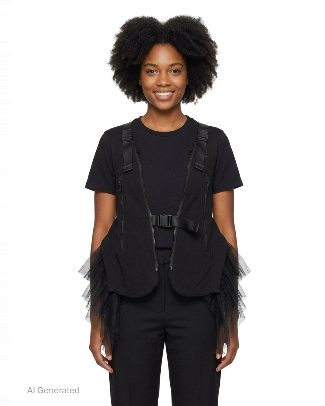 Noir Kei Ninomiya black harness vest with diagonal zip pockets, clip-buckle webbing straps, and cascading sheer tulle panels at the sides, photographed flat on a white background - front
