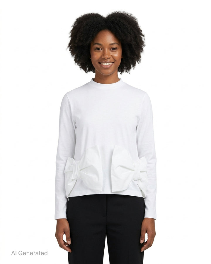 Noir Kei Ninomiya white long-sleeve cotton ponte top with oversized bow details at the hem - front